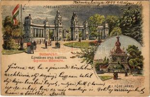 1899 (Vorläufer) Budapest XIV. Városliget, Ezredéves Országos Kiállítás, főbejáratok, litho barna 2 Kr. Ga. s: Morelli, Dörre T. (EK)