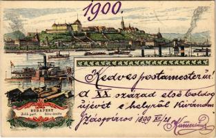 1899 (Vorläufer) Budapest, Ezredéves Országos Kiállítás, Jobb part, Királyi vár, Lánchíd, gőzhajók. 2 Kr barna Ga. s: Morelli, Dörre T.