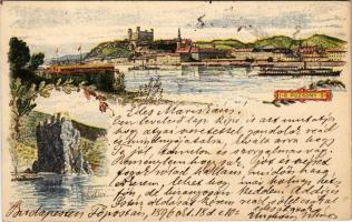 1896 (Vorläufer) Pozsony, Pressburg, Bratislava; Ezredéves Országos Kiállítás, Dévényi vár, gőzhajók / Devín castle, steamships, general view. Hungarian Millennium Exhibition, floral litho s: Morelli, Dörre T. + barna 2 Kr. Ga.