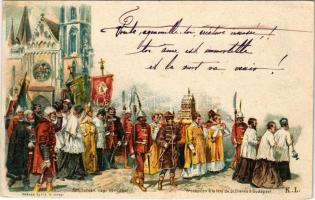 18967 (Vorläufer!) Budapest I. Ezredéves Országos Kiállítás, Királyi vár, Mátyás templom, Szent István napi körmenet, litho barna 2 Kr. Ga. s: K. L.