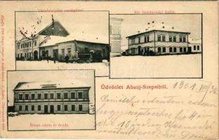 1901 Szepsi, Abaújszepsi, Moldava nad Bodvou; Városház, Kir. járásbíróság, állami iskola és óvoda, vendéglő, tél. Tóth István kiadása / town hall, county court, school and kindergarten, restaurant, winter