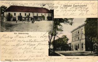 1905 Érsekújvár, Nové Zamky; Kir. Járásbíróság, vasútállomás, Hangos István "Őrangyal" temetkezési vállalata. Pálinkás J. Géza kiadása / county court, railway station, funeral home (EK)