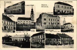 1915 Miava, Myjava; Okresny sud, Ev. kostol, R. kat. skola, R. kat. kostol, Ev. fara, Obecny dom, Státna skola, Zid. skola, Stará a nová ev. skola / Járásbíróság, Evangélikus templom és lelkészlak, Városháza, Állami iskola, Régi és új evangélikus iskola, zsidó iskola. D. Pazicky kiadása / district court, Lutheran church and parsonage, town hall, state school, old and new Lutheran school, Jewish school