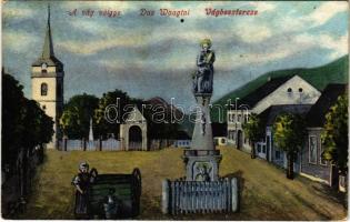 1912 Vágbeszterce, Povazská Bystrica; Vág völgye, Fő tér, templom és szobor. Waldapfel Gyula kiadása / Vah valley, main square, church and statue