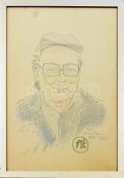 Olvashatatlan jelzéssel vagy jelzésekkel: FTC szurkoló vagy más egyéb a Ferencvároshoz, Fradihoz kapcsolható személyiség portréja, 1983. Ceruza, papír, üvegezett fa keretben, 61,5×43 cm