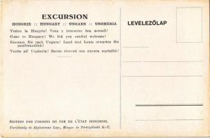 Utazgassunk Hazánk földjén! A Magyar Királyi Államvasutak turisztikai reklám képeslap, kiadja Klösz ...