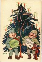 Első világháborús gúnyos katonai propaganda lap, Belgium és Szerbia elfoglalása, Karácsonyi ajándék. Magyar Földrajzi Intézet Rt. kiadása / WWI sarcastic military propaganda card, Capturing of Belgium and Serbia as Christmas present s: Bíró