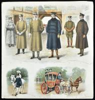 cca 1900 Sofőr egyenruhák, hintó, stb., színes nyomat, sérülésekkel, 37×34,5 cm
