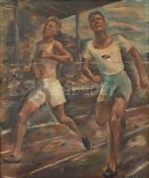 Jozef Korolkiewicz (1902-1988): Futó olimpikonok 1932. (1932. évi nyári olimpiai játékok, hivatalos nevén a X. nyári olimpiai játékok, Los Angelesben.) Olaj, vászon. 60x50 cm. Jelzett. Fa keretben. Sérülésekkel. A lengyel származású Józef Korolkiewicz sokoldalú tehetség volt, operaénekes és atléta volt, és párhuzamosan festészetet és éneket tanult. 400 méteres gátfutóként csak egy sérülés akadályozta meg abban, hogy részt vegyen az 1928-as amszterdami olimpián, miután 1927-ben a római egyetemi világjátékokon bronzérmet nyert a 4x400 méteres váltóban. Korolkiewicz később nagyon jó szenior teniszező lett. 1934-49 között a Warszawai Opera szólistájaként lépett fel, baritont énekelt. A második világháború után könyvillusztrációkat, plakátokat és bélyegterveket készített, a festészethez csak 1960-ban tért vissza, ezután lómotívumok váltak fő művévé. / oil on canvas, signed, framed. 60x50 cm // Józef Korolkiewicz (1902-1988): Biegnący olimpijczycy 1932 (Letnie Igrzyska Olimpijskie 1932, oficjalnie znane jako X Letnie Igrzyska Olimpijskie w Los Angeles). Olej na płótnie. 60x50 cm w drewnianej ramie. Z uszkodzeniami.//