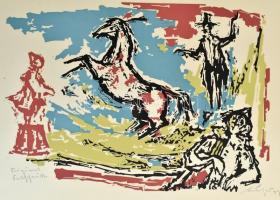 Olvashatatlan jelzéssel: Cirkuszi lovas jelenet. Linómetszet, papír, kartonra kasírozva, lap széle kissé foltos, 32×44 cm