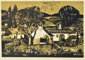 Csavlek András (1942-): Bakonyi falu. Színes linómetszet, papír, jelzett, 20×29,5 cm