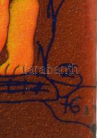 Női aktos zománckép fémlapon, jelzett, sérült, 15x10 cm