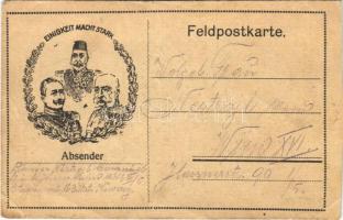 Einigkeit macht stark. Feldpostkarte / WWI Austro-Hungarian K.u.K. military field postcard, Viribus Unitis propaganda with Central Powers leaders. Franz Joseph I of Austria, Wilhelm II, Mehmed V (vágott / cut)