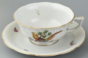 Herendi fácán mintás teás készlet. Jelzett. Kopott. Rózsákon apró csorba