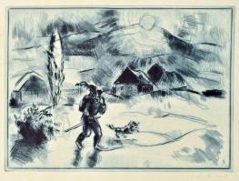 Iván Szilárd (1912-1988): Vándor. Rézkarc, papír, jelzett, 24x33 cm