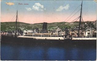 Trieste, Trst; Porto nuovo / port, steamship + K.u.K. Inf. Baon No. III/38. (surface damage)