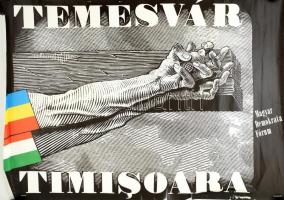 1990 Orosz István (1951- ): Temesvár. Magyar Demokrata Fórum (MDF) plakát, a romániai forradalom emlékére, jelzett a nyomaton, szakadásokkal, gyűrődésekkel, 67,5x95,5 cm