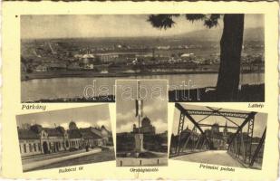 1942 Párkány, Parkan, Stúrovo; Rákóczi út, Országzászló, Prímási palota, híd / street view, Hungarian flag, bridge