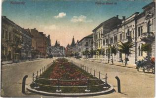 1918 Kolozsvár, Cluj; Ferenc József út. Vasúti levelezőlapárusítás 111. sz. / street view (szakadás / tear)