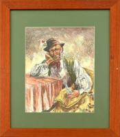 Jelzés nélkül: Idős férfi portréja. Akvarell, tus, papír. Üvegezett, kissé sérült fa keretben. 31×23 cm