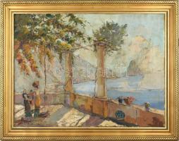 Olvashatatlan (Szabó?) jelzéssel: Napfényes vízparton. Olaj, vászon. Hátoldalán Képcsarnok Vállalat ...