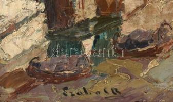 Olvashatatlan (Szabó?) jelzéssel: Napfényes vízparton. Olaj, vászon. Hátoldalán Képcsarnok Vállalat ...