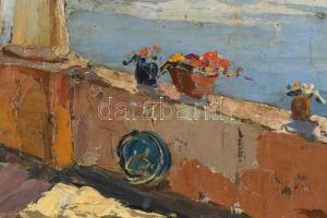 Olvashatatlan (Szabó?) jelzéssel: Napfényes vízparton. Olaj, vászon. Hátoldalán Képcsarnok Vállalat ...