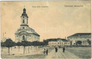 Abony, Római katolikus templom, Kossuth szálloda. Müller Mór kiadása (EK)