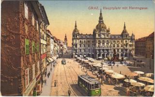 Graz (Steiermark), Hauptplatz mit Herrengasse / main square, market, tram, postcard shop (EK)