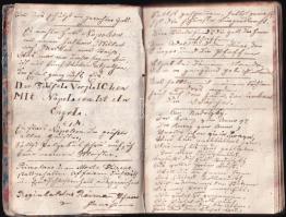 1849-1851 Kézzel írt füzet különböző feljegyzésekkel német nyelven. gazdasági adatok, imák, versek, gondolatok, több mint 100 kézzel beírt oldalon félbőr kötésben, benne néhány rajzzal
