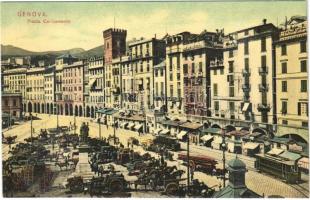 Genova, Genoa; Piazza Caricamento / square, tram, market, shops, horse-drawn carriages, hotel