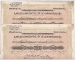 Pécs 1926. Pécsi Takarékpénztár Részvénytársaság névre szóló részvénye 200P-ről (2x) sorszámkövetők, szárazpecséttel, bélyegzéssel T:I-,II hajtatlan