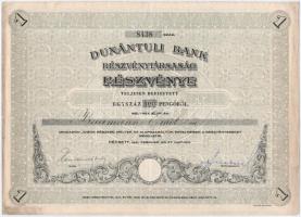 Pécs 1941. Dunántúli Bank Részvénytársaság névre szóló részvénye 100P-ről szelvényekkel, szárazpecséttel, részben kitöltött T:II