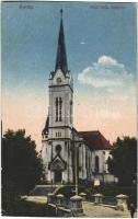 1944 Ruttka, Vrútky; Római katolikus templom. Vasúti levelezőlapárusítás / Catholic church (vágott / cut)