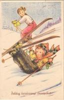 1940 Boldog karácsonyi ünnepeket! / Christmas greeting art postcard with skiers, winter sport. Cecami n. 4210.