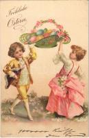 Fröhliche Ostern / Easter greeting art postcard with eggs and children. litho