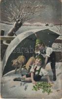 1912 Boldog Újévet! / New Year greeting art postcard with children, pigs and clovers (EB)