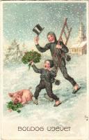 Boldog Újévet! / New Year greeting art postcard with chimney sweepers, pig and clovers. Pittius (EK)