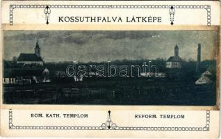 1911 Bácskossuthfalva, Kossuthfalva, Moravica, Ómoravica, Stara Moravica; Római katolikus és református templomok / churches. Art Nouveau + "SZABADKA-GOMBOS-PALANKA 386." vasúti mozgóposta (EK)