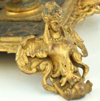 Szecessziós íróasztal garnitúra. Öntött, patinázott, tűzi aranyozott bronz, stilizált cseresznyevirá...