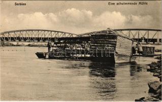 Szerbia, Serbien; Eine schwimmende Mühle. Photogr. u. Verlag Unteroffz / úszó hajómalom a vasúti híd előtt / floating ship mill in front of the railway bridge