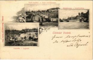 1907 Titel, hajóhíd, lagunák, hajóállomás. Nonnenmacher Endre kiadása / pontoon bridge, port, lagoons. Art Nouveau, floral