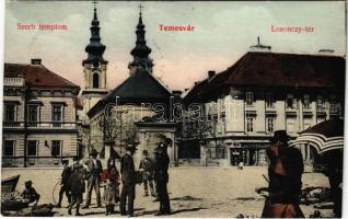 Temesvár, Timisoara; Losonczy tér, piac, szerb templom, kakastollas csendőr, Kerschek és Kubitsek üzlete / market square, Serbian church, gendarme, shop