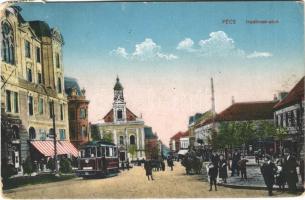 1918 Pécs, Irgalmas utca, villamos, üzletek (EM)