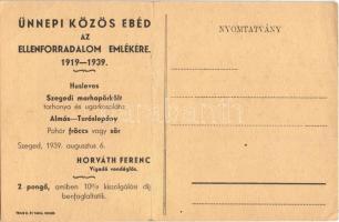 Szeged, Horváth Ferenc-féle Új-Szegedi vigadó reklámlapja. Hátoldalon "Ünnepi közös ebéd az Ell...