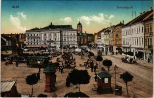 1913 Arad, Szabadság tér, piac, lóvasút / market square with horse drawn tram