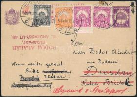 1927 4f díjjegyes levelezőlap 4 bélyeges kiegészítéssel Budapestről Drezdába, majd visszaküldve / PS-card from Budapest to Dresden, returned