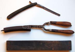 3 db fodrászkellék a múlt századból, benne hajvasaló, borotva és borotva fenő