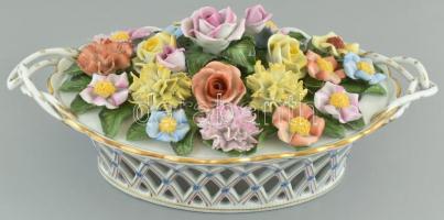 Herendi virágkosár asztalközép. Kézzel festett porcelán. Jelzett. Sérült. d: 30 cm
