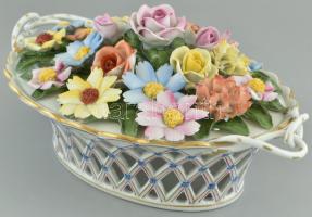 Herendi virágkosár asztalközép. Kézzel festett porcelán. Jelzett. Sérült. d: 30 cm